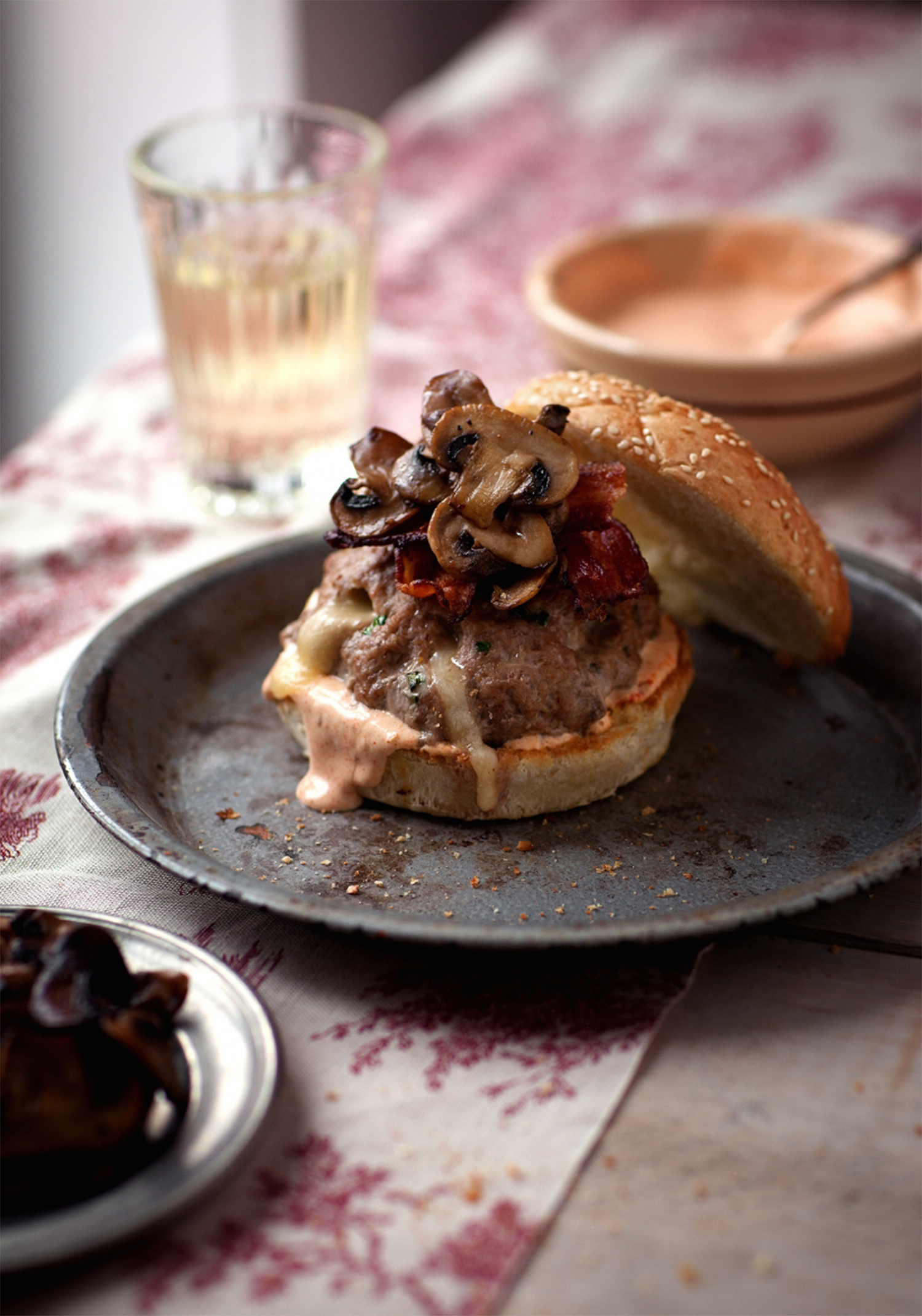 Veal Hamburger With Old Cheddar Sauteed Mushrooms Ranch Sauce Trois Fois Par Jour